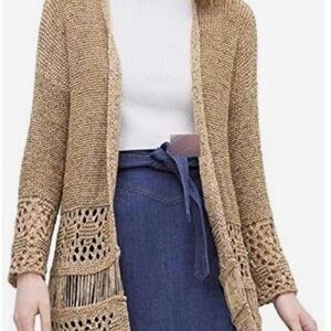 Dressbarn Boho Style Beige Open-Front Fringe Detail Cardigan